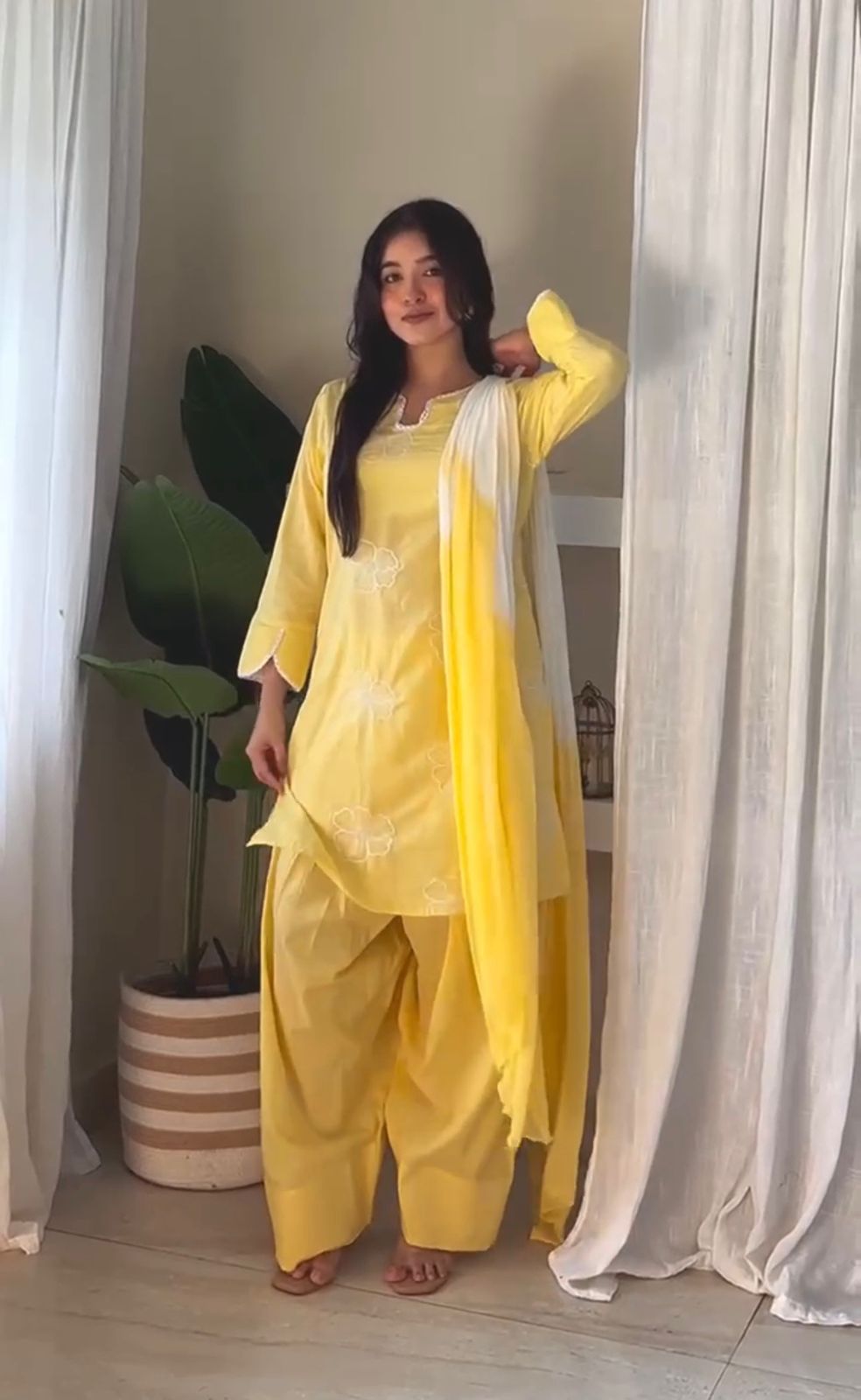 Vibrant Yellow Embroidered Kurta with Farsi Pants and Dual-Tone Dupatta