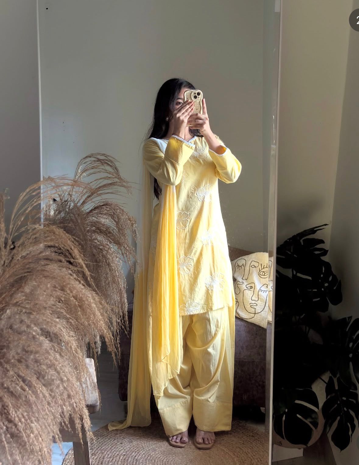 Vibrant Yellow Embroidered Kurta with Farsi Pants and Dual-Tone Dupatta