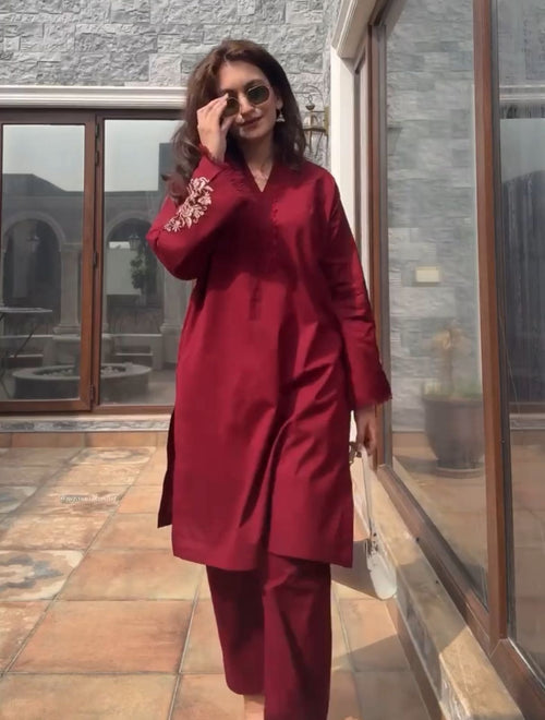 Elegant Maroon Embroidered Cotton Co-ord Set