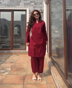 Elegant Maroon Embroidered Cotton Co-ord Set