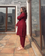 Elegant Maroon Embroidered Cotton Co-ord Set