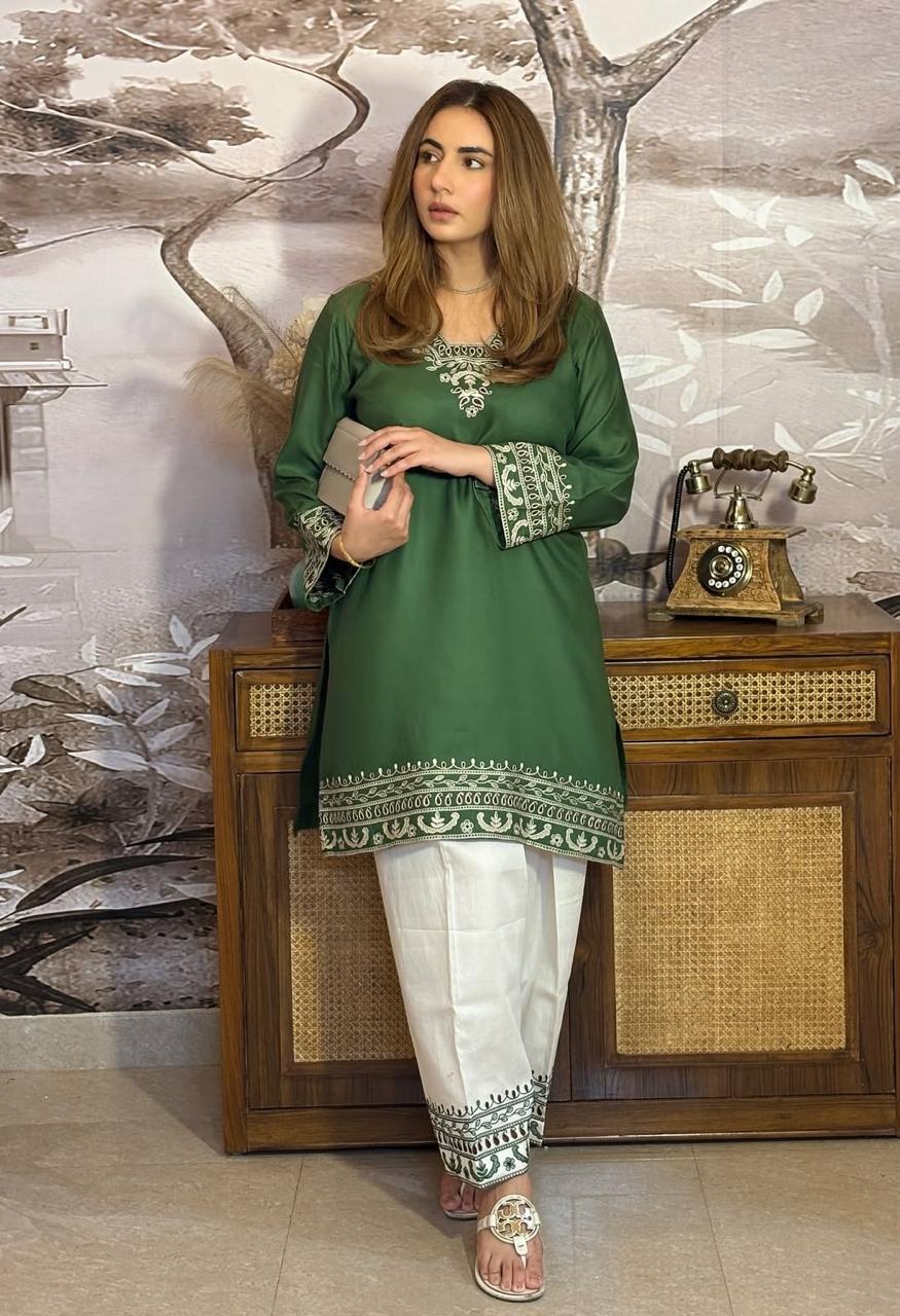 Elegant Forest Green Embroidered Co-ord Set with Salwar