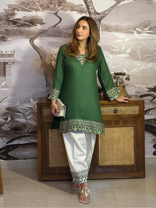 Elegant Forest Green Embroidered Co-ord Set with Salwar