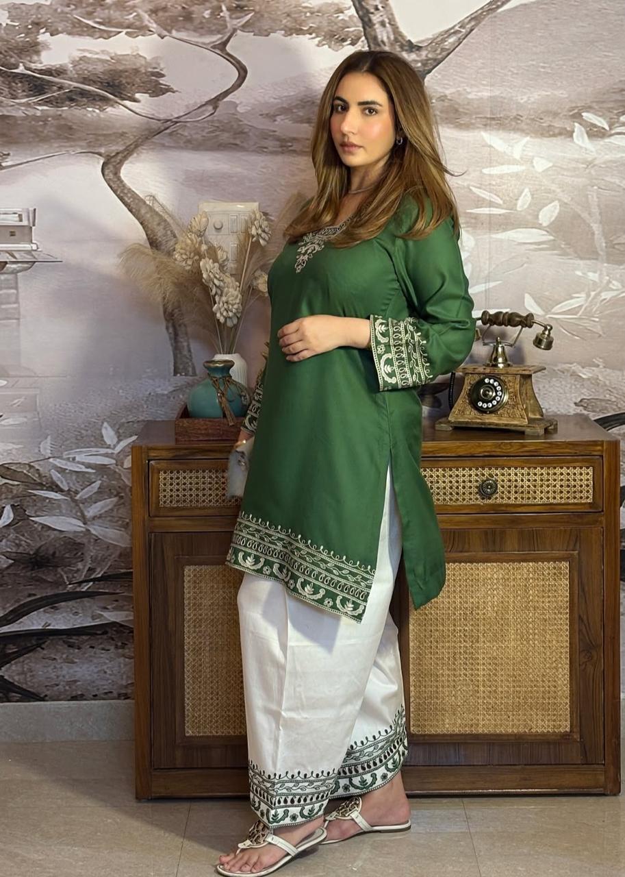 Elegant Forest Green Embroidered Co-ord Set with Salwar