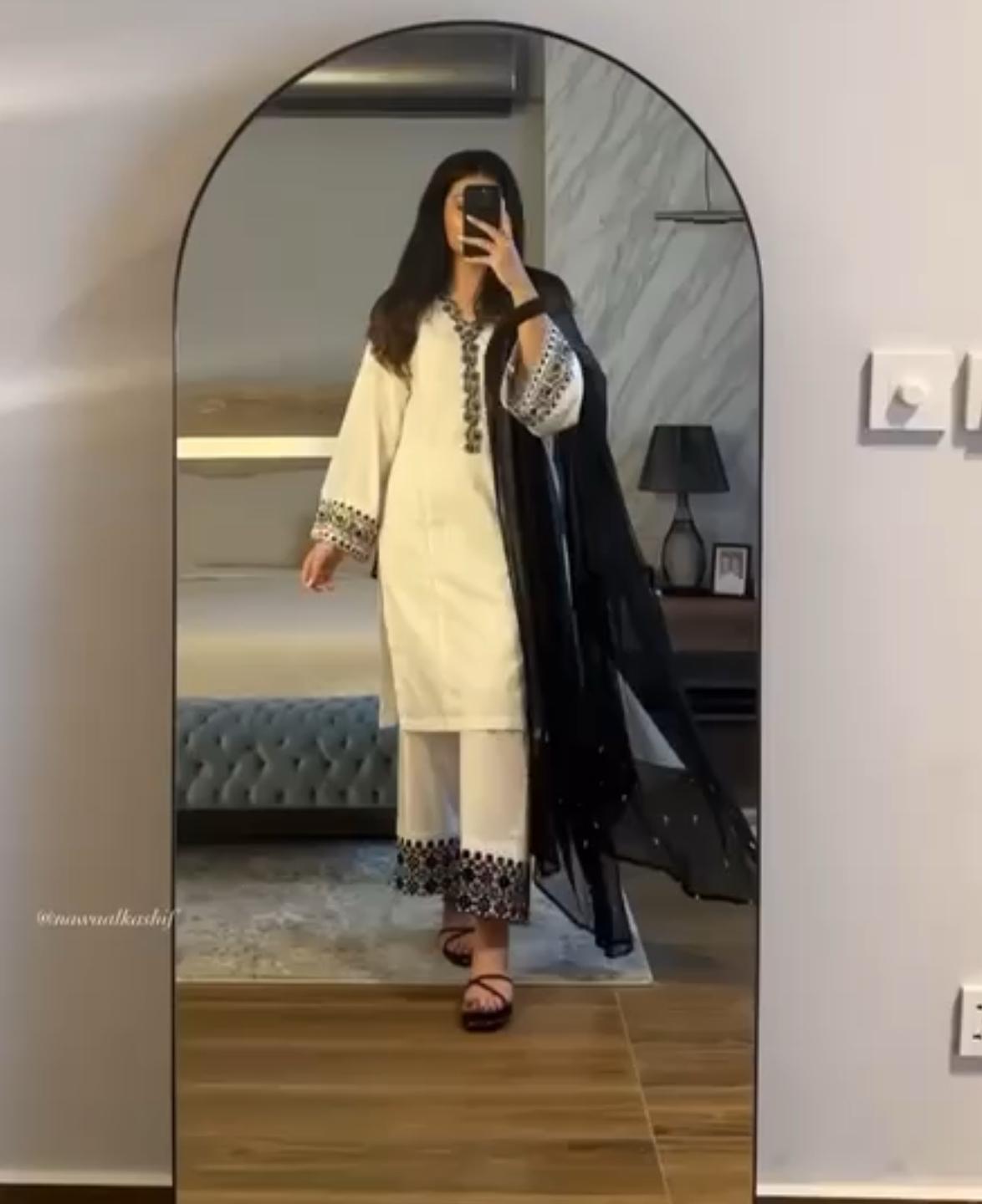 Elegant White & Black Screen-Printed Embroidered Kurta Set with Dupatta