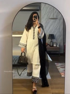 Elegant White & Black Screen-Printed Embroidered Kurta Set with Dupatta