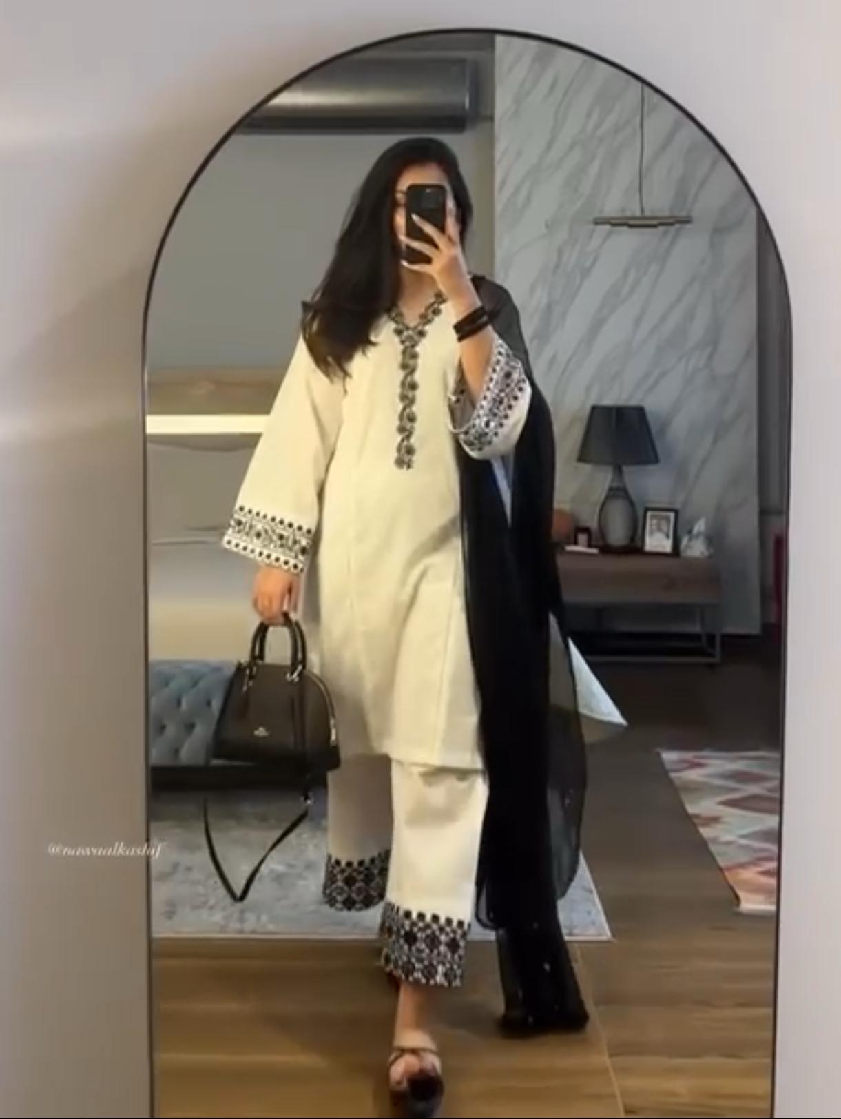 Elegant White & Black Screen-Printed Embroidered Kurta Set with Dupatta