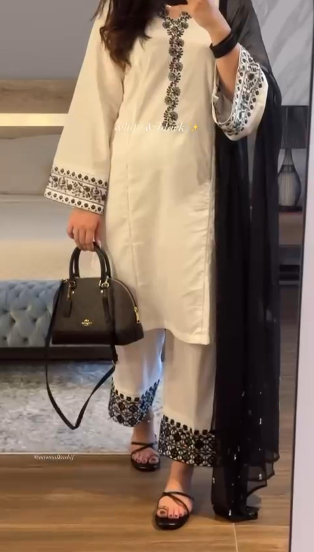 Elegant White & Black Screen-Printed Embroidered Kurta Set with Dupatta