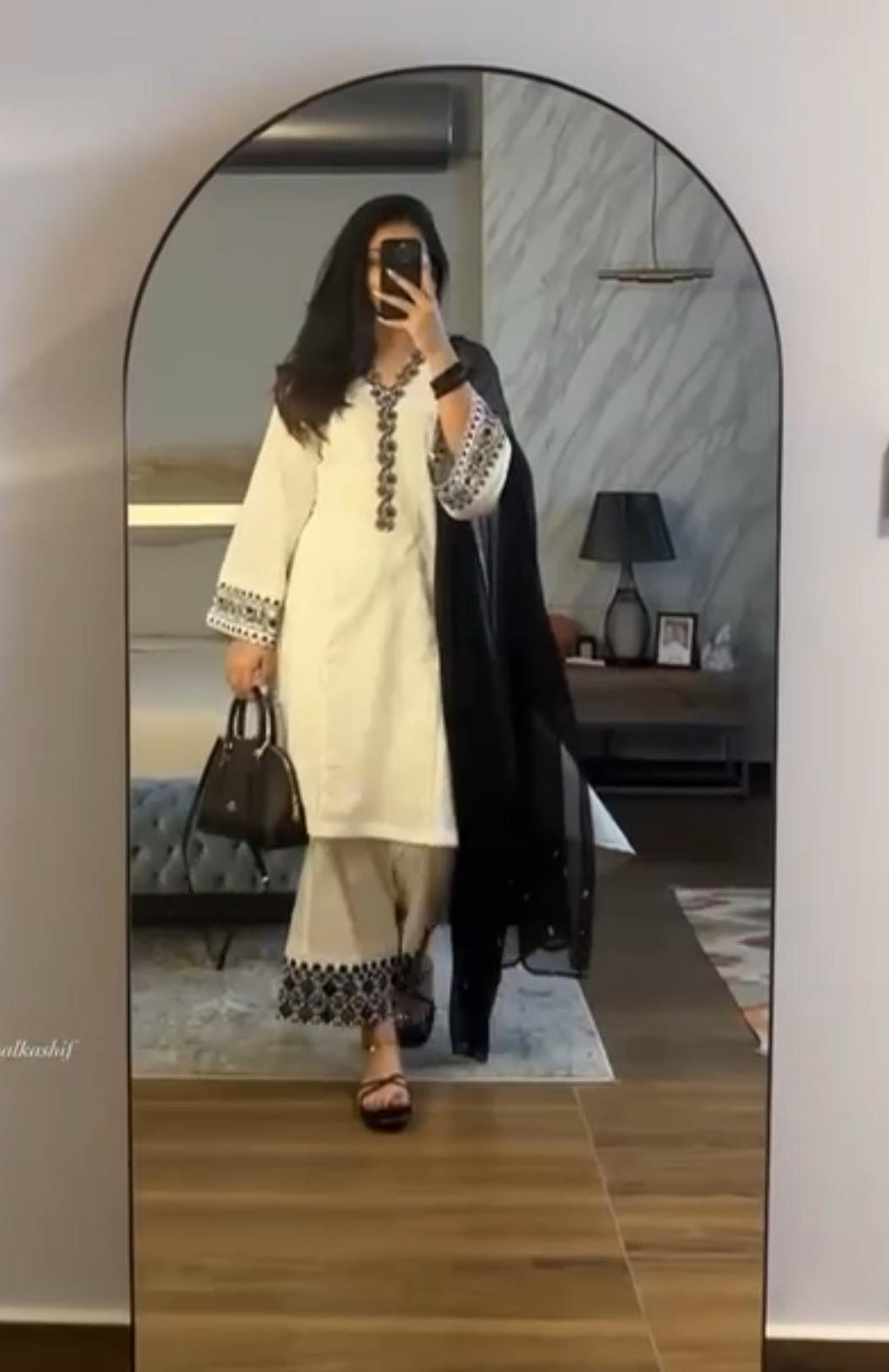 Elegant White & Black Screen-Printed Embroidered Kurta Set with Dupatta