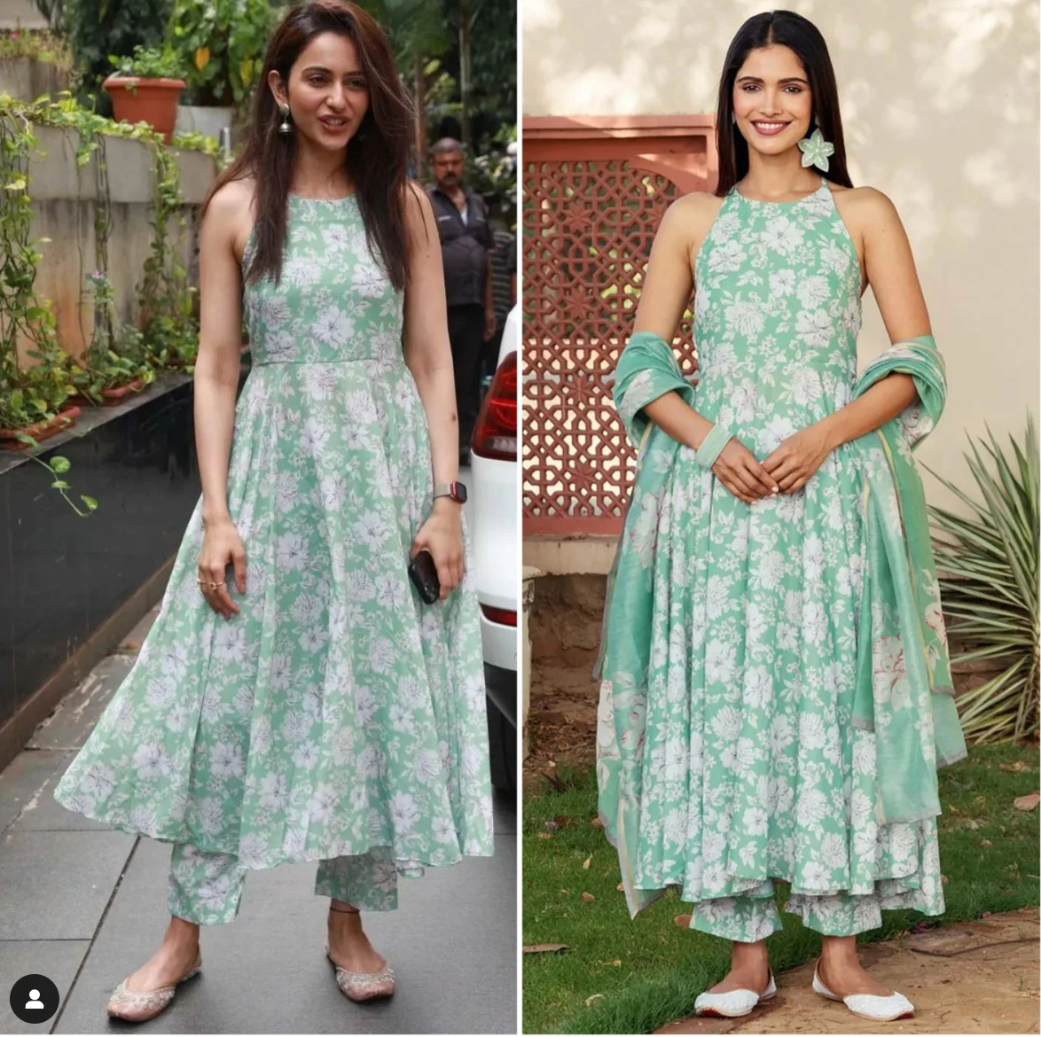 Jasmine Green Floral Screen Printed Halter Neck Anarkali Cotton Suit Set