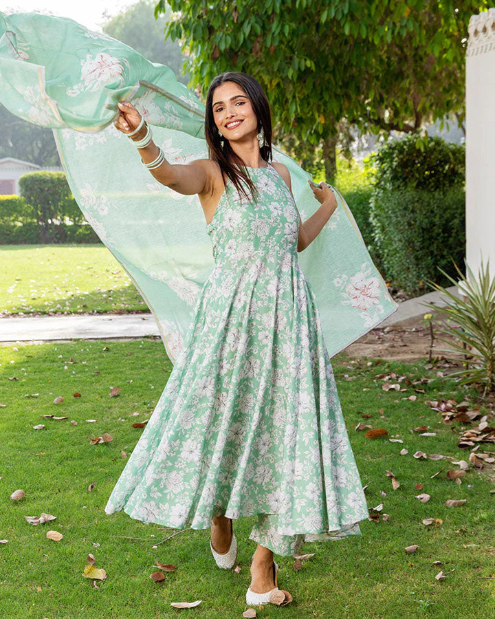 Jasmine Green Floral Screen Printed Halter Neck Anarkali Cotton Suit Set