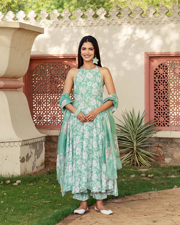 Jasmine Green Floral Screen Printed Halter Neck Anarkali Cotton Suit Set