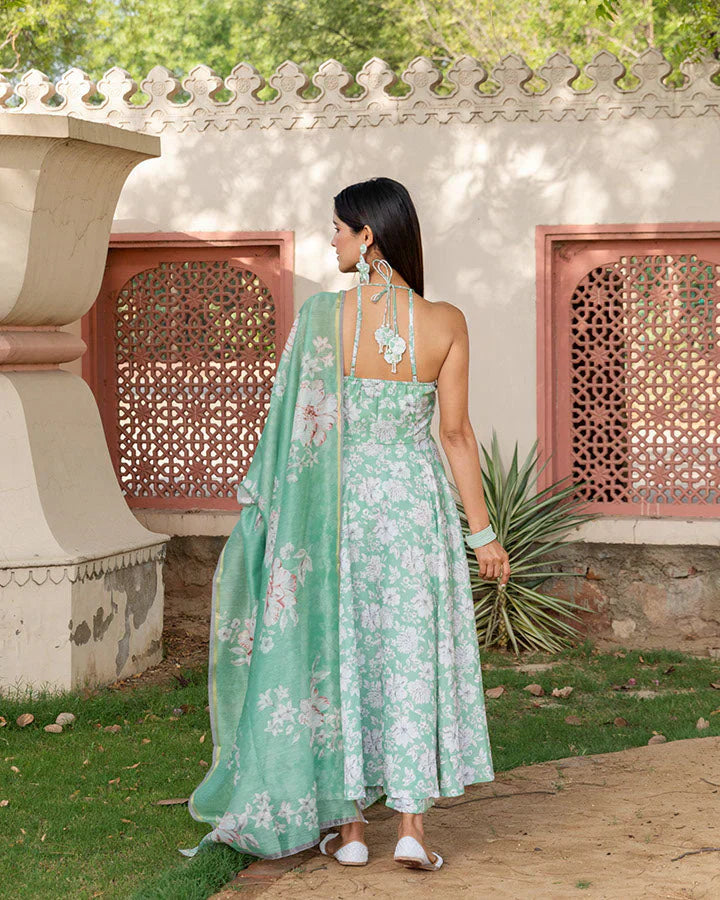 Jasmine Green Floral Screen Printed Halter Neck Anarkali Cotton Suit Set