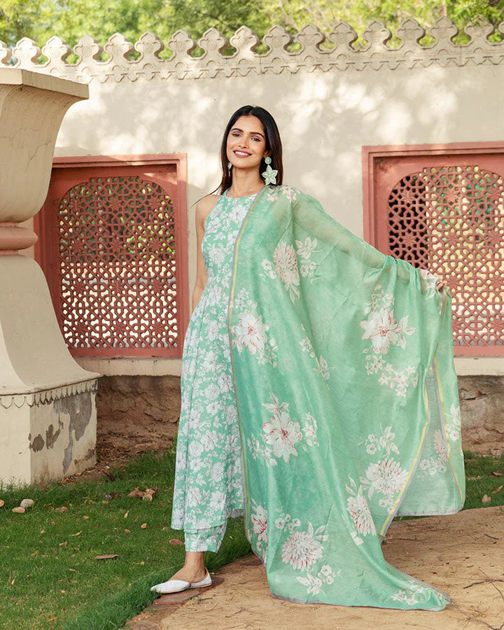 Jasmine Green Floral Screen Printed Halter Neck Anarkali Cotton Suit Set