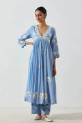 Mogra Silver Embroidery Light Blue Flared Kurta Set