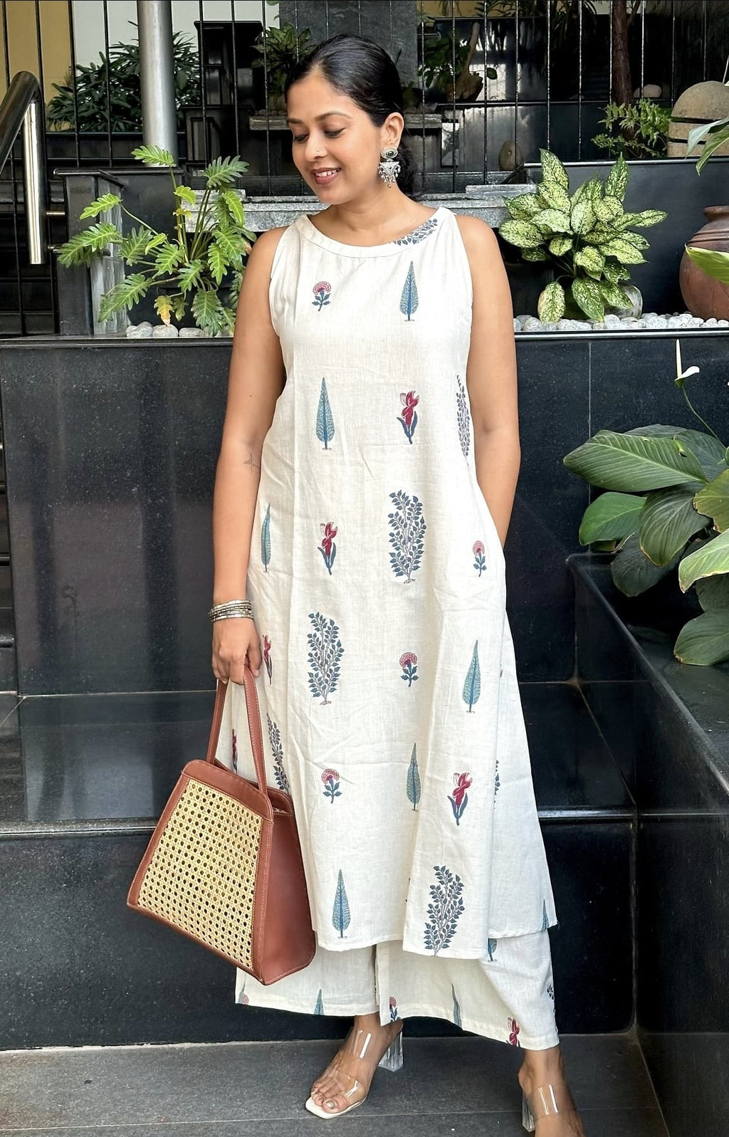 Elegant Off-White Floral Screen Printed A-Line Cotton Kurta Set