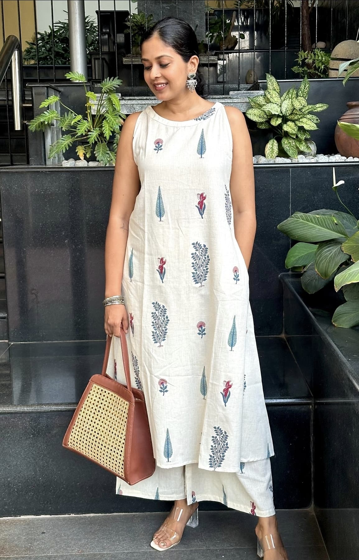 Elegant Off-White Floral Screen Printed A-Line Cotton Kurta Set