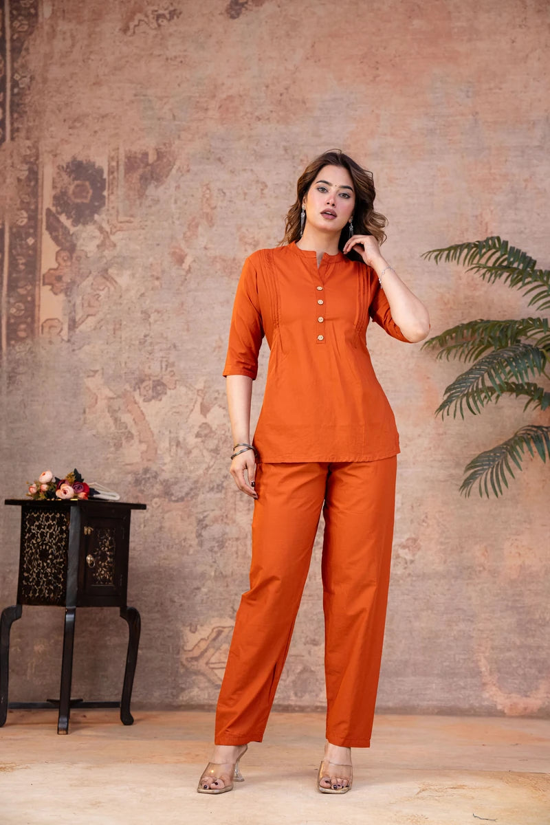 Vibrant Orange Cotton Pintex Co-ord Set