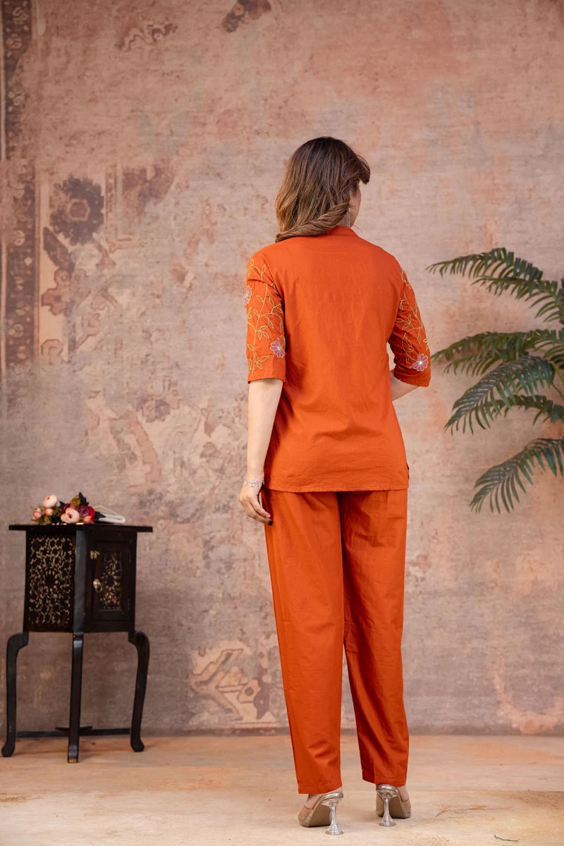 Rust Orange Cotton Embroidered Co-ord Set