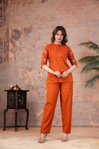 Rust Orange Cotton Embroidered Co-ord Set