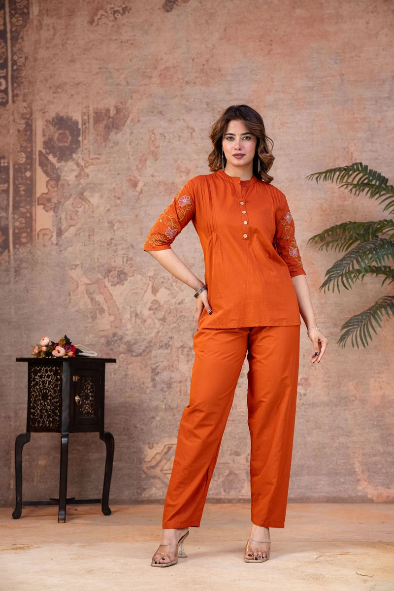 Rust Orange Cotton Embroidered Co-ord Set
