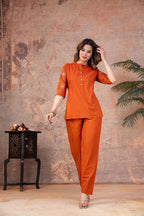 Rust Orange Cotton Embroidered Co-ord Set