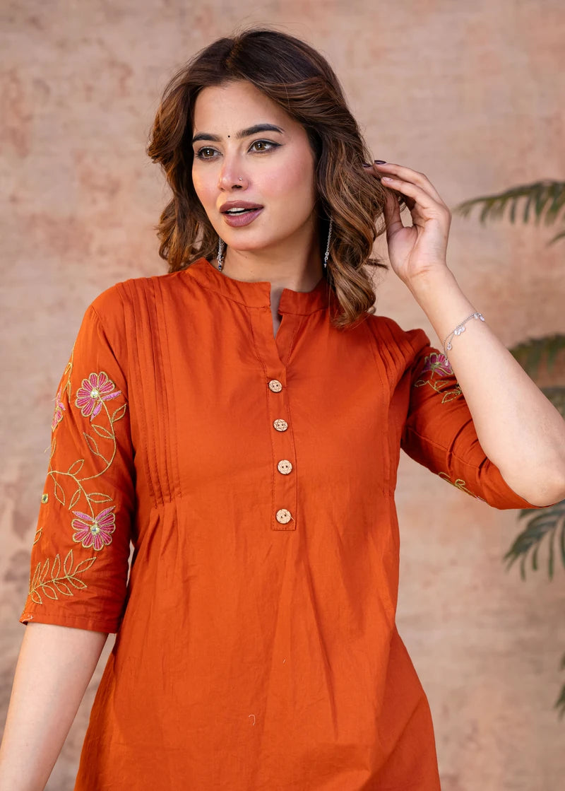 Rust Orange Cotton Embroidered Co-ord Set
