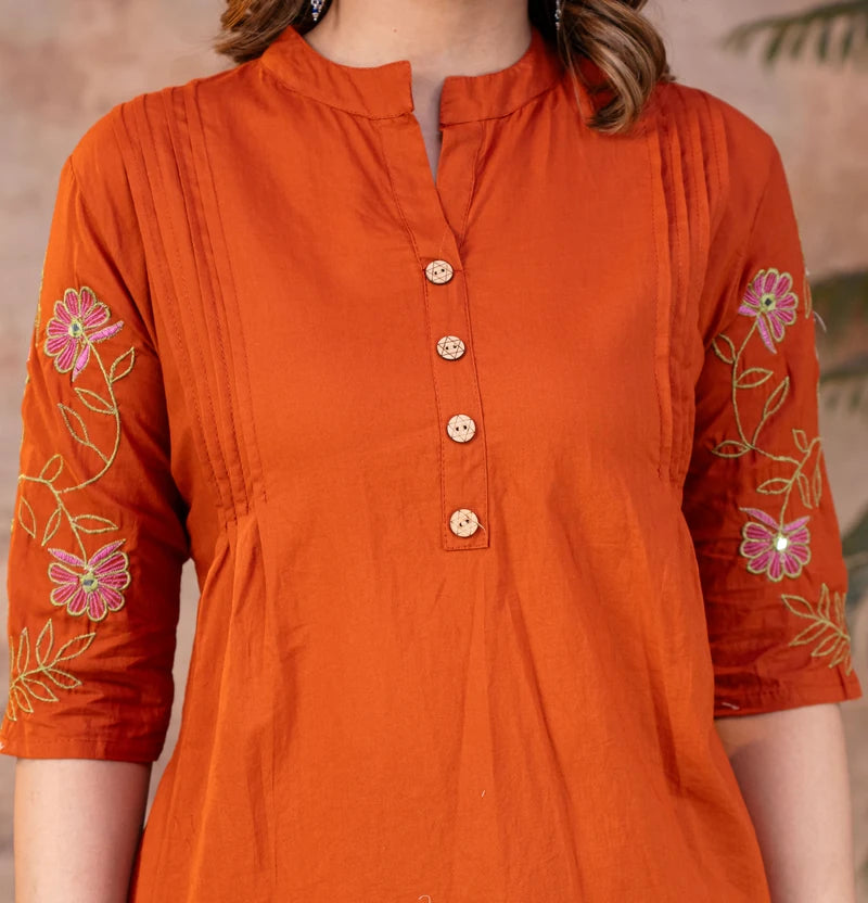 Rust Orange Cotton Embroidered Co-ord Set