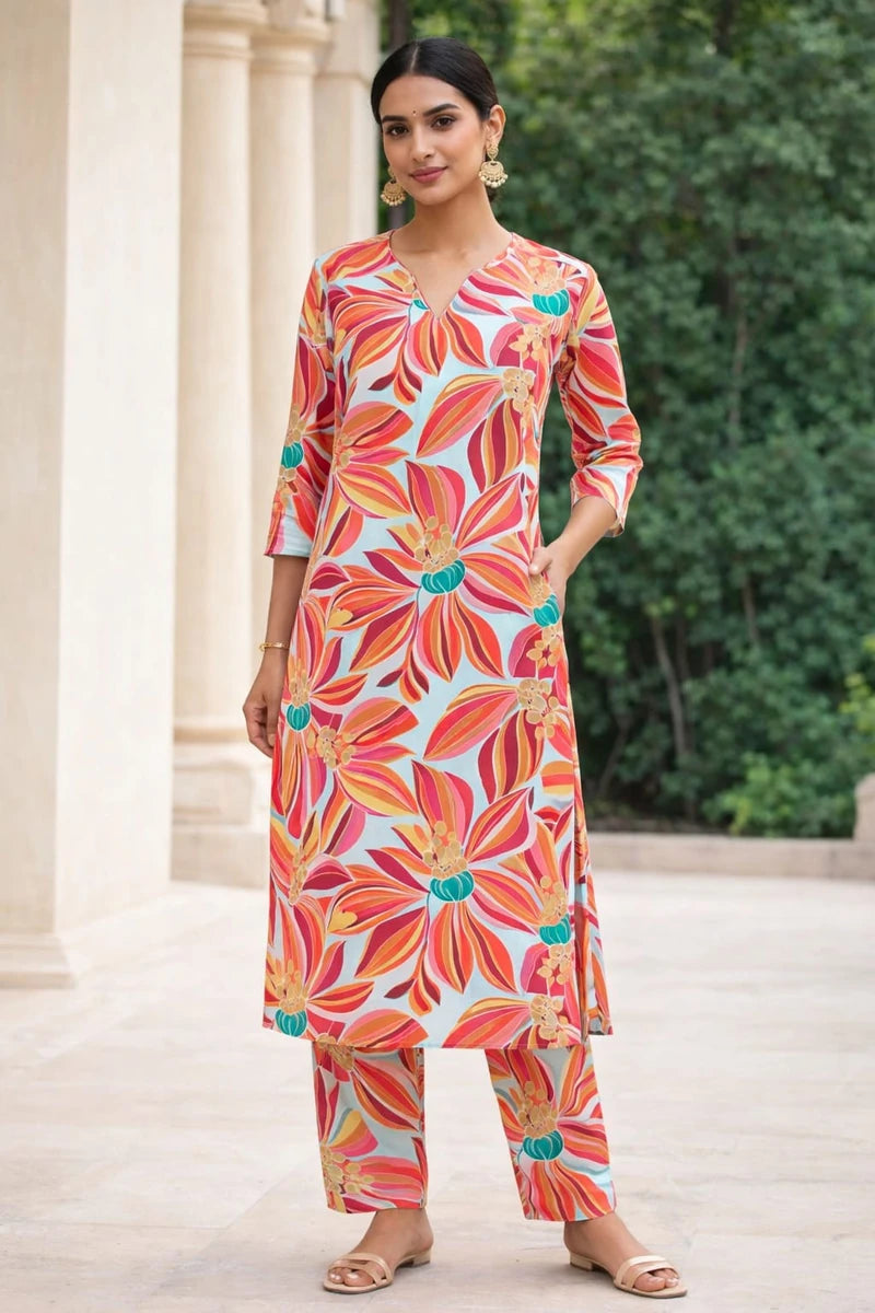 Vibrant Floral Print Polyester Co-ord Set