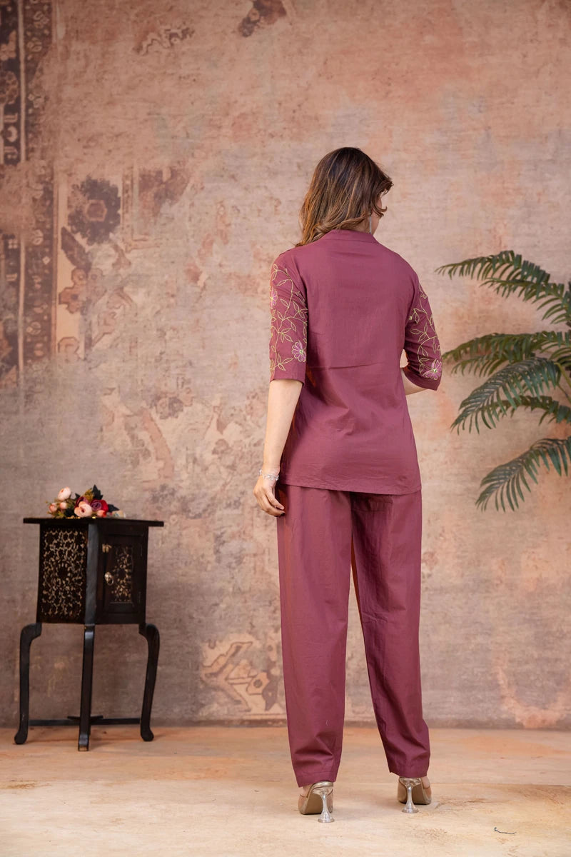 Mauve Cotton Pintuck Embroidered Co-ord Set
