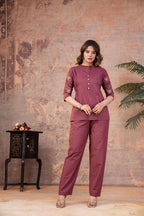 Mauve Cotton Pintuck Embroidered Co-ord Set
