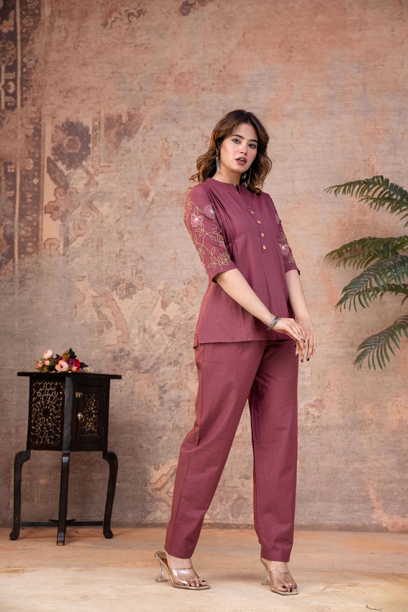 Mauve Cotton Pintuck Embroidered Co-ord Set