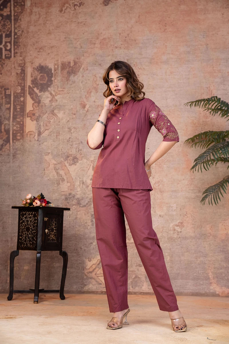 Mauve Cotton Pintuck Embroidered Co-ord Set