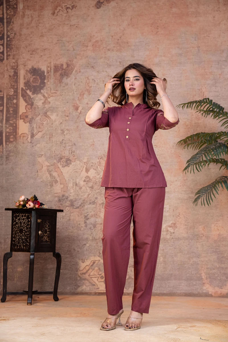 Mauve Cotton Pintuck Embroidered Co-ord Set