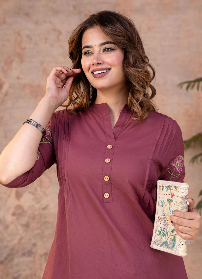 Mauve Cotton Pintuck Embroidered Co-ord Set