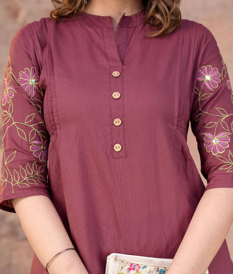 Mauve Cotton Pintuck Embroidered Co-ord Set