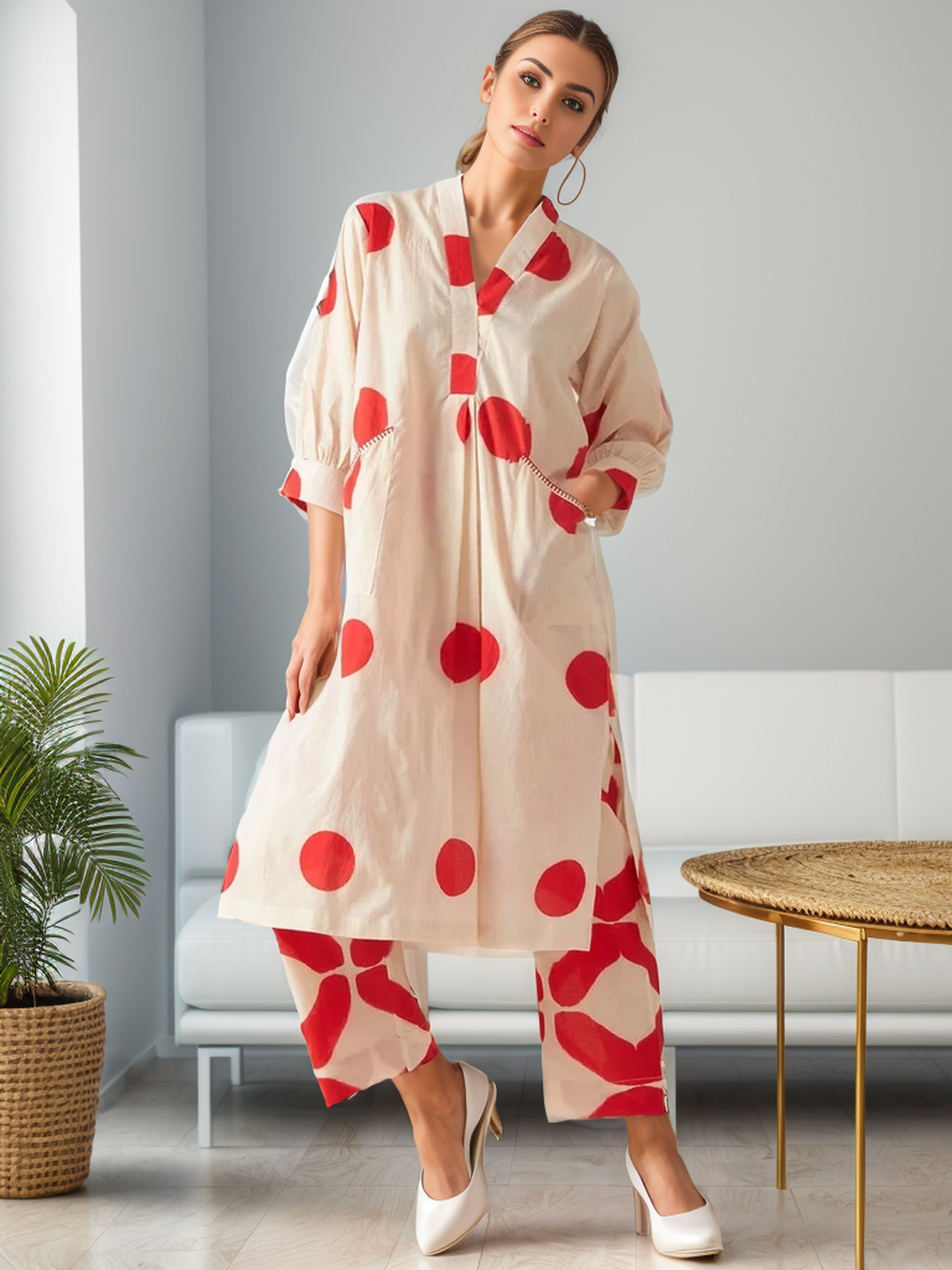 Crimson Polka Dot Screen Printed Cotton Kurta Set