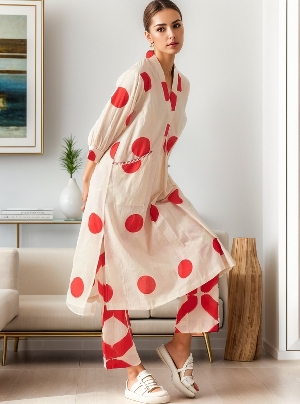 Crimson Polka Dot Screen Printed Cotton Kurta Set