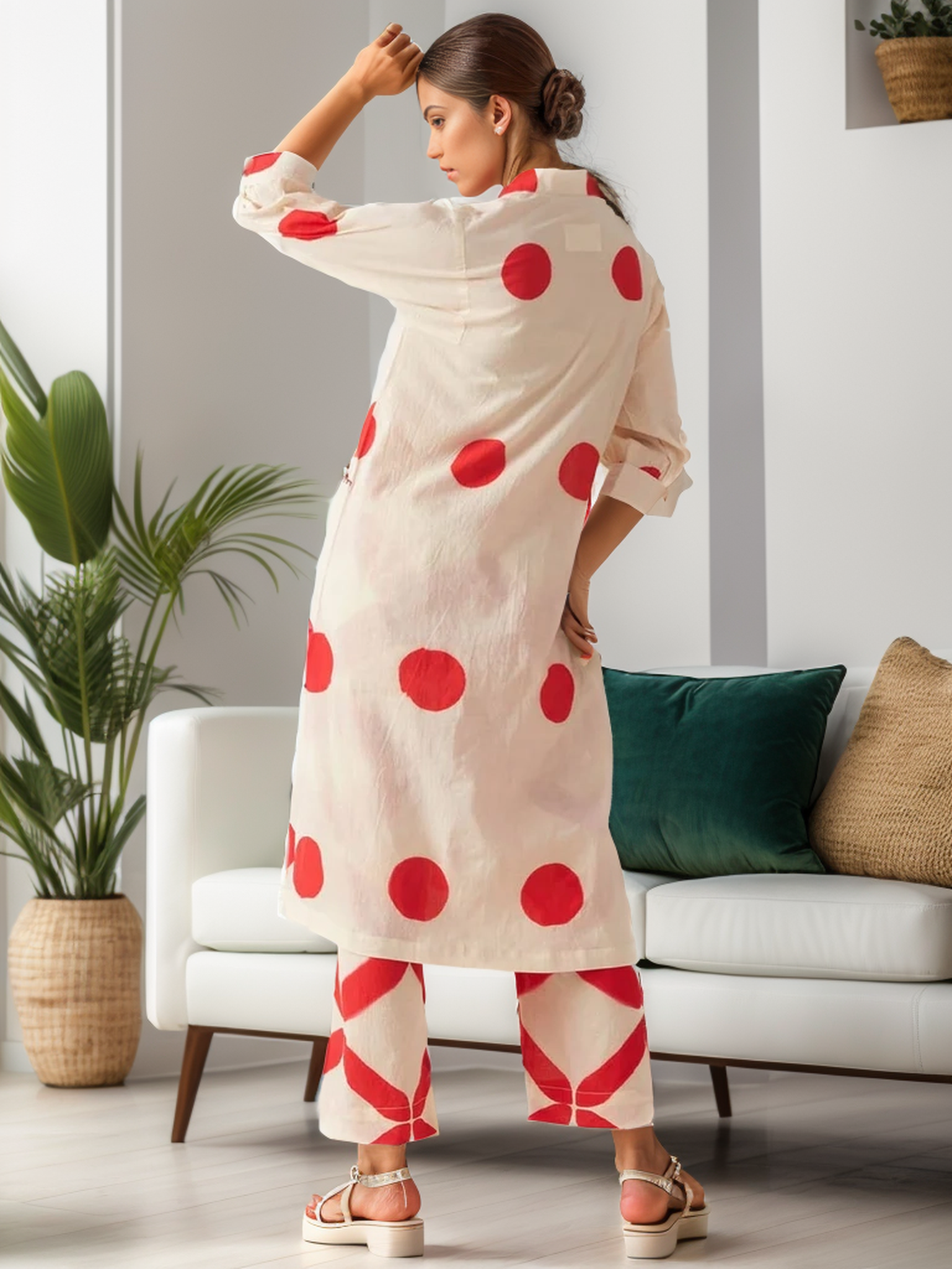 Crimson Polka Dot Screen Printed Cotton Kurta Set