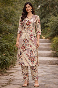 Floral Printed Cotton Kurta Set with Pants | Beige & Maroon Ethnic Co-ord Set for Women