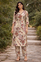 Floral Printed Cotton Kurta Set with Pants | Beige & Maroon Ethnic Co-ord Set for Women