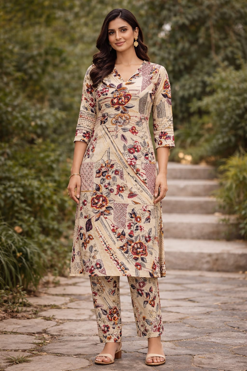 Floral Printed Cotton Kurta Set with Pants | Beige & Maroon Ethnic Co-ord Set for Women