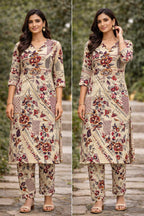 Floral Printed Cotton Kurta Set with Pants | Beige & Maroon Ethnic Co-ord Set for Women