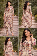 Floral Printed Cotton Kurta Set with Pants | Beige & Maroon Ethnic Co-ord Set for Women