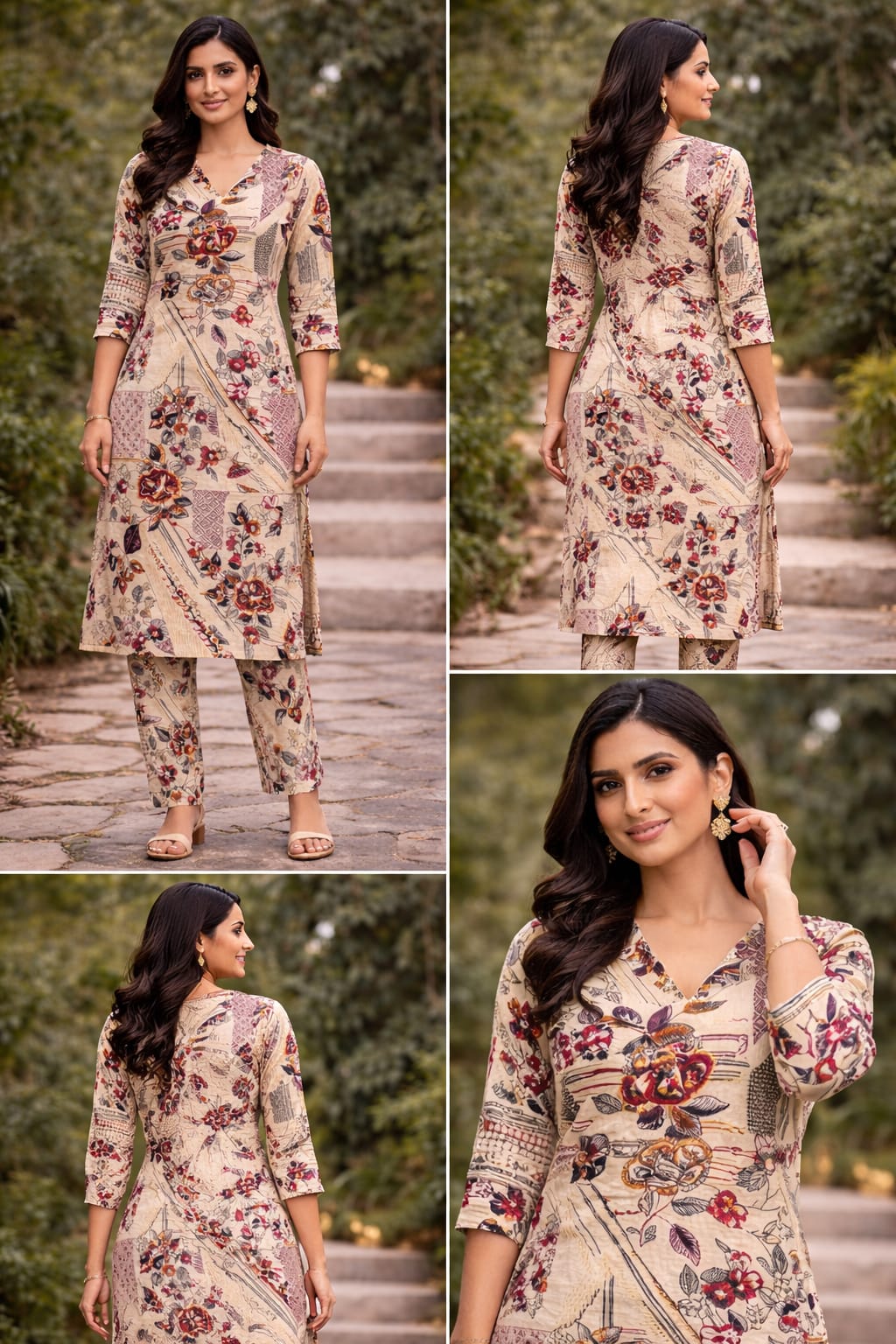 Floral Printed Cotton Kurta Set with Pants | Beige & Maroon Ethnic Co-ord Set for Women