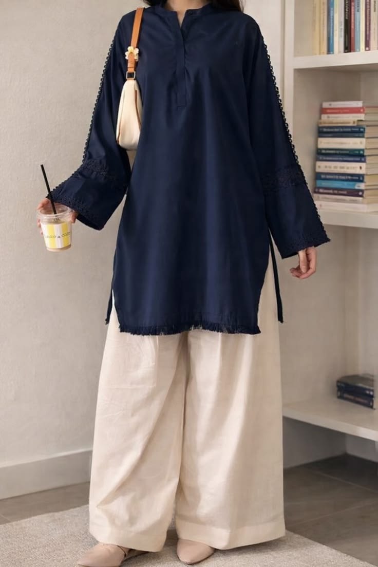 Royal Blue Embroidered Tunic and White Farsi Pants Set