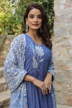 Indigo Blue Cotton Anarkali Kurta Set with Floral Embroidery and Block-Printed Dupatta