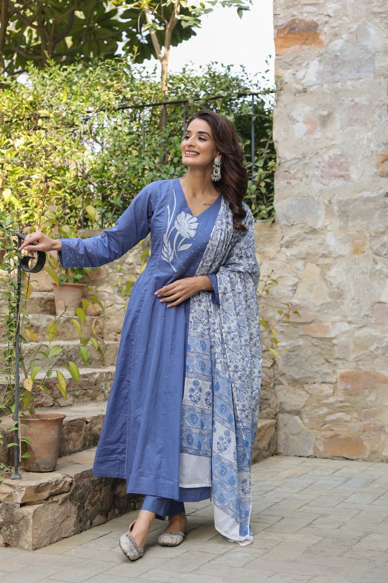 Indigo Blue Cotton Anarkali Kurta Set with Floral Embroidery and Block-Printed Dupatta