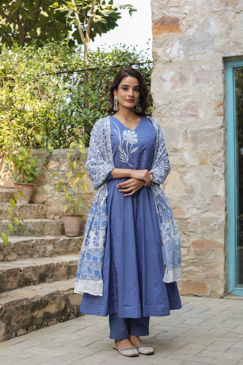 Indigo Blue Cotton Anarkali Kurta Set with Floral Embroidery and Block-Printed Dupatta