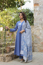 Indigo Blue Cotton Anarkali Kurta Set with Floral Embroidery and Block-Printed Dupatta